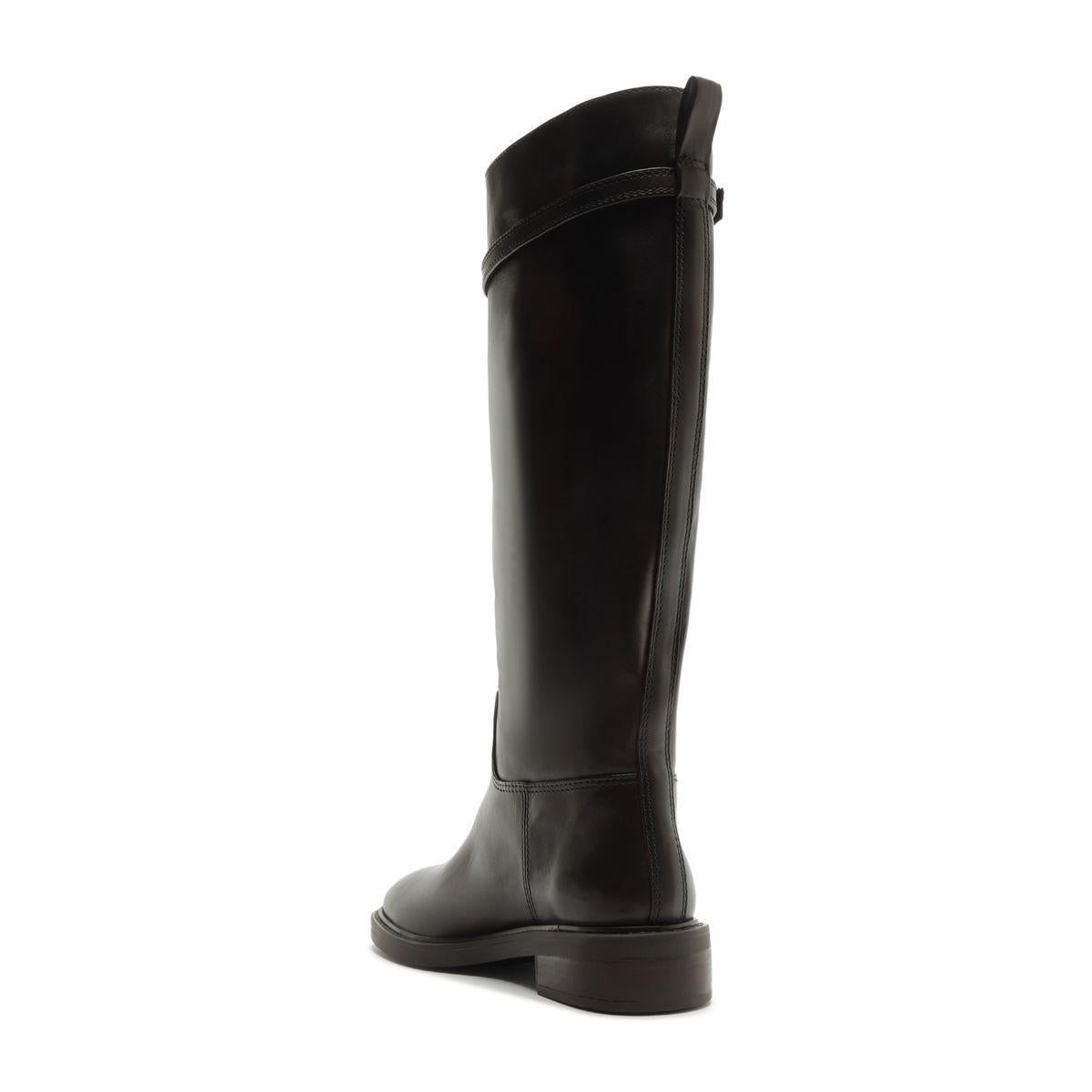 Rear view of Bianca leather boot in Maplewood showcasing its tall shaft and low block heel against a white background