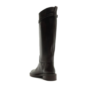 Rear view of Bianca leather boot in Maplewood showcasing its tall shaft and low block heel against a white background