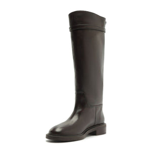Three-quarter view of Bianca Leather Boot in Maplewood showcasing its tall shaft and low block heel against a white background