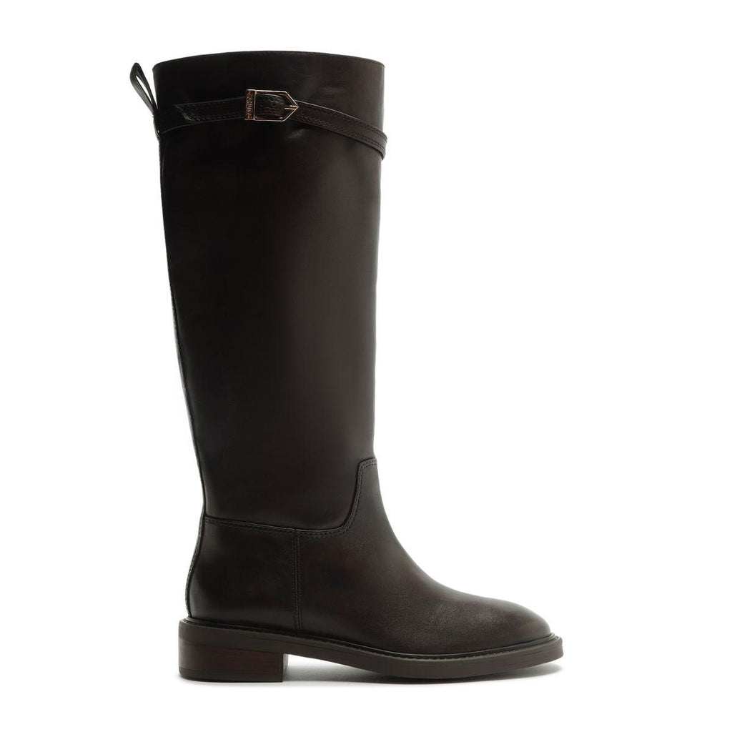 Side view of Bianca leather boot in Maplewood showcasing wraparound ankle strap and low block heel with white background