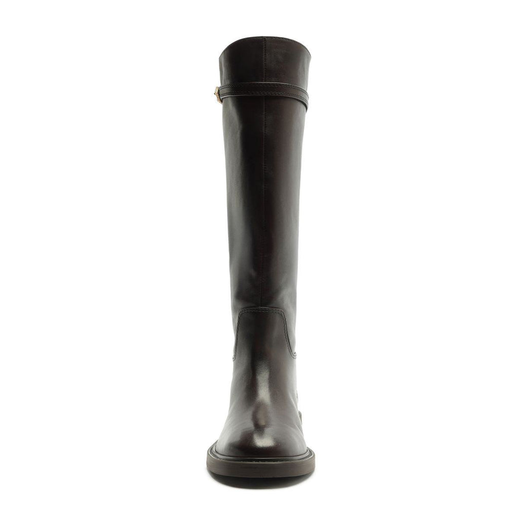 Front view of Bianca Leather Boot in Maplewood showcasing tall shaft and rounded toe with white background