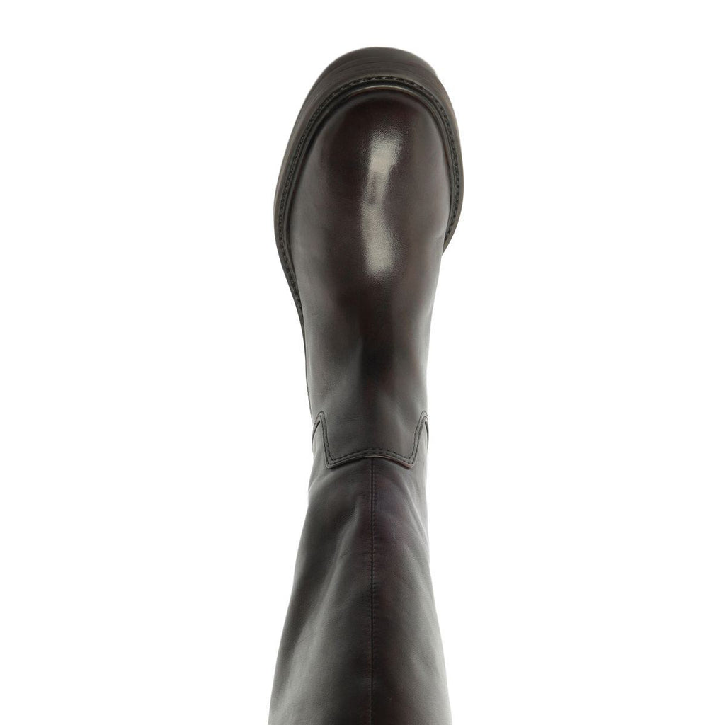 Front view of Bianca leather boot in Maplewood showcasing its rounded toe and ankle seam against a white background