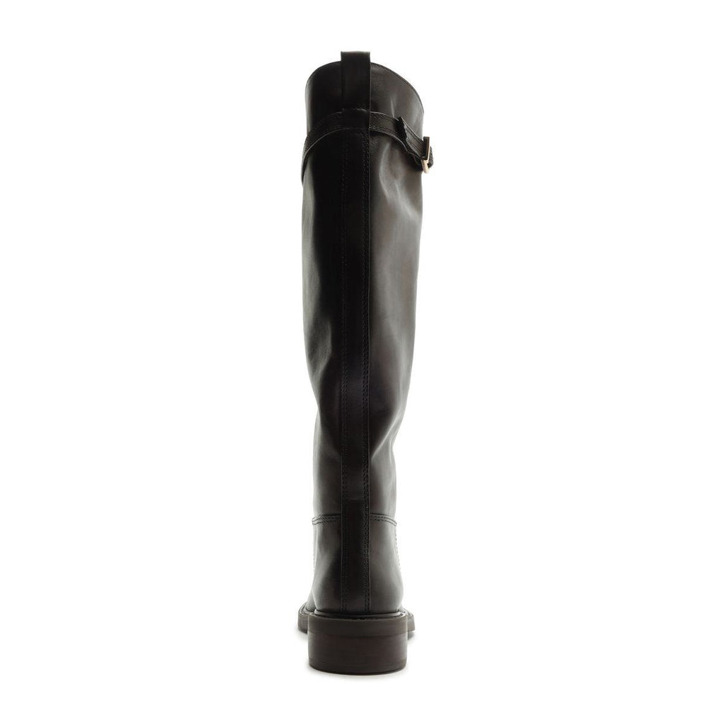 Rear view of Bianca leather boot in Maplewood showcasing its tall shaft and stacked heel with a white background