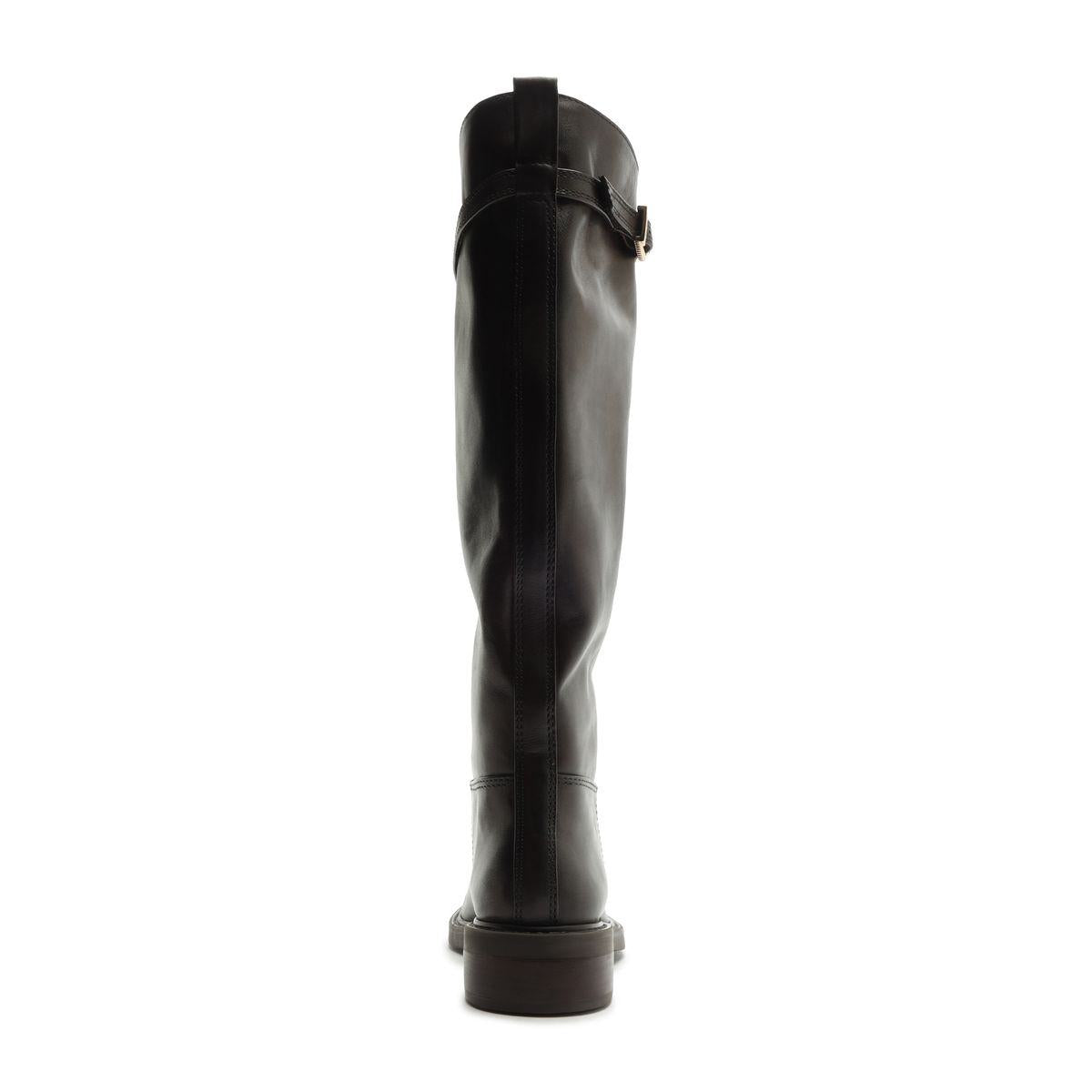 Rear view of Bianca leather boot in Maplewood showcasing its tall shaft and stacked heel with a white background