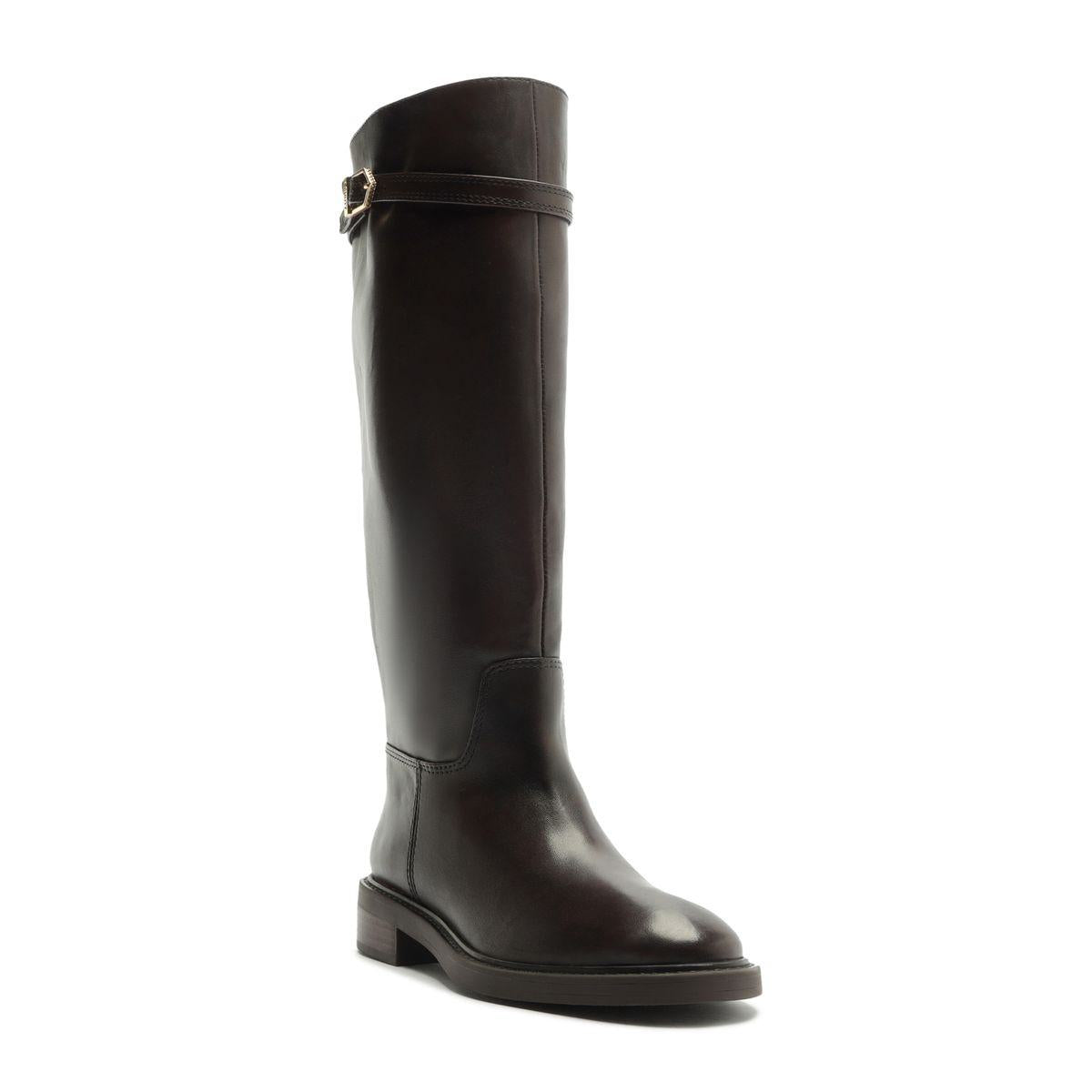 Side view of Bianca leather boot in Maplewood showcasing tall shaft and block heel with white background