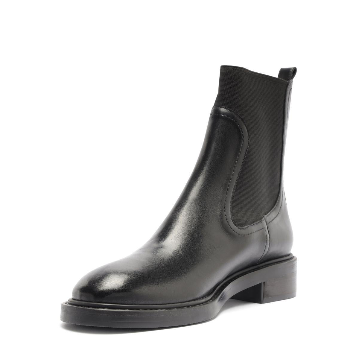 Front three-quarter view of Olivia Bootie in black showcasing an elastic side panel and block heel against a white background