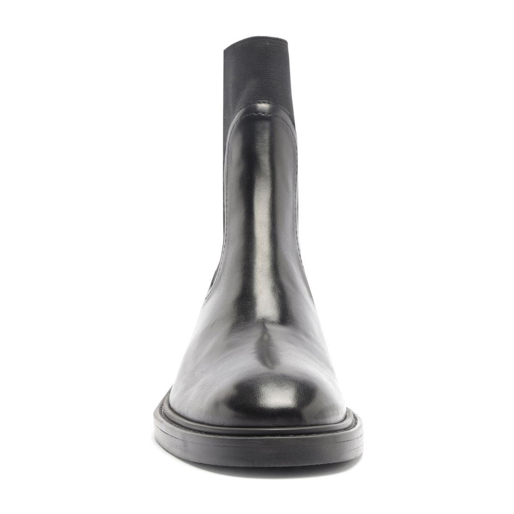 Front view of Olivia Bootie in Black showcasing its rounded toe and low platform sole with a white background