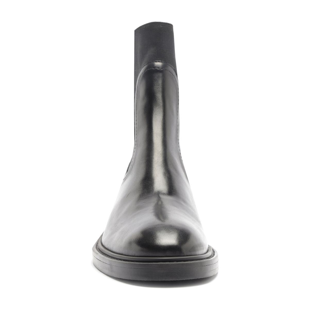 Front view of Olivia Bootie in Black showcasing its rounded toe and low platform sole with a white background