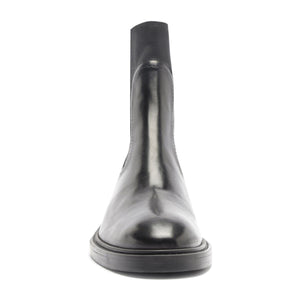 Front view of Olivia Bootie in Black showcasing its rounded toe and low platform sole with a white background