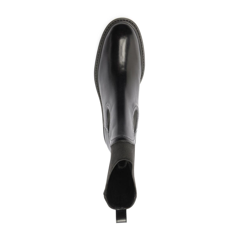 Top view of Olivia Bootie in Black showing its ankle shaft and heel on a white background
