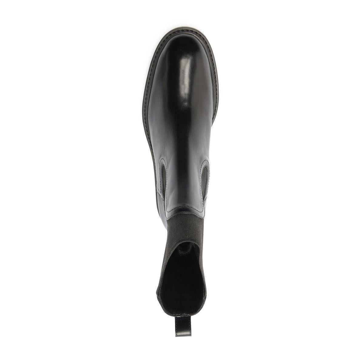 Top view of Olivia Bootie in Black showing its ankle shaft and heel on a white background