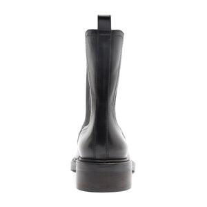 Rear view of Olivia Bootie in Black showcasing the pull tab and block heel with a white background