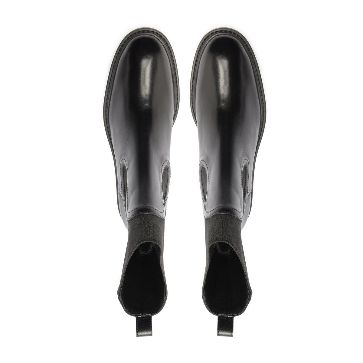 Rear view of Olivia Bootie in Black showcasing pull tabs with a white background
