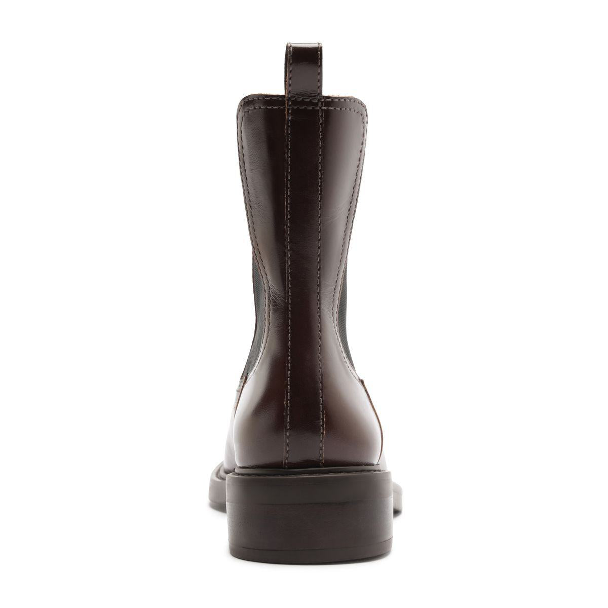 Rear view of Olivia Bootie in Root Brown showcasing back seam and stacked sole against a white background