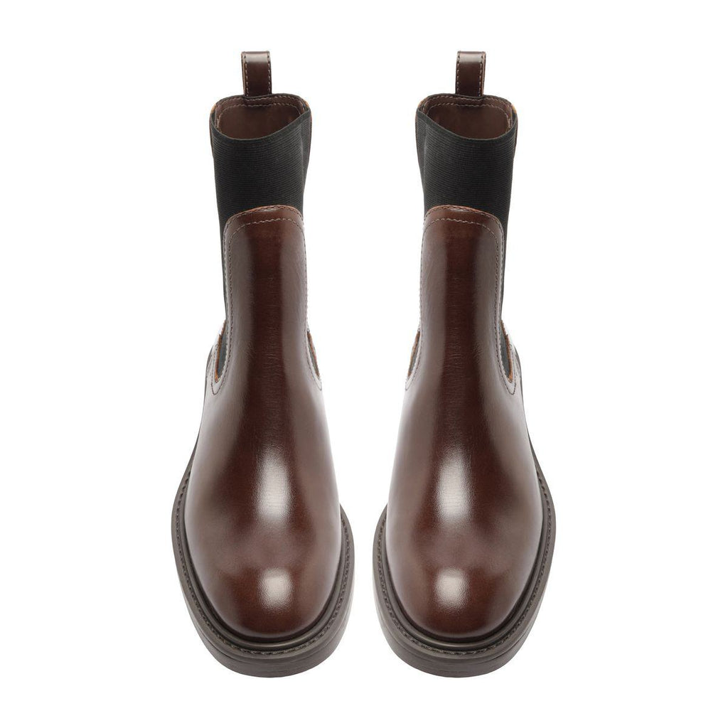 Rear view of Olivia Bootie in Root Brown showcasing pull tabs and stacked soles on a white background