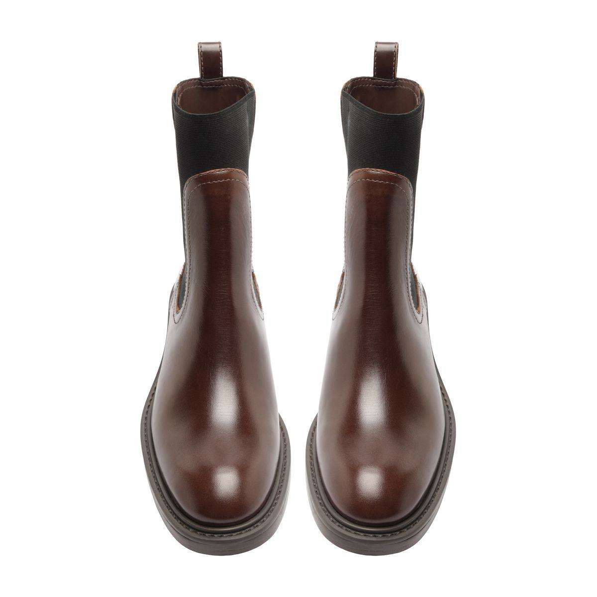 Rear view of Olivia Bootie in Root Brown showcasing pull tabs and stacked soles on a white background