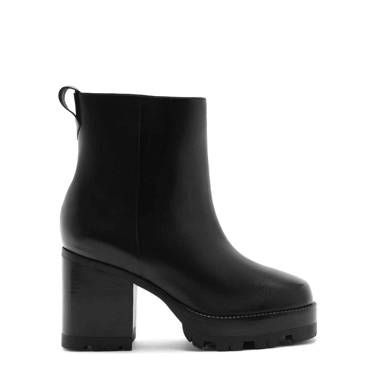 Three-quarter view of 240 Leather Bootie in Black showcasing a block heel, lug sole, and rear pull tab with a white background
