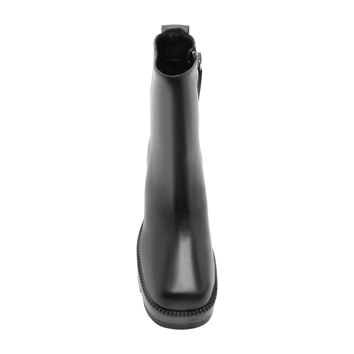Rear view of black 240 leather bootie showcasing its back zipper and ankle-height design on a white background