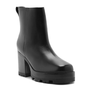 Front three-quarter view of 240 leather bootie in black showcasing block heel and lugged platform sole on white background