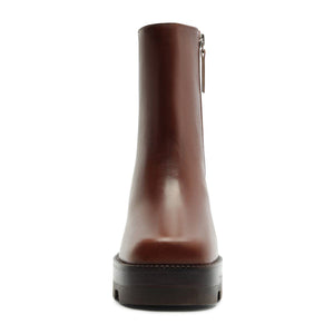 Front view of 240 leather bootie in Warm Toffee showing tall shaft and stacked sole on white background