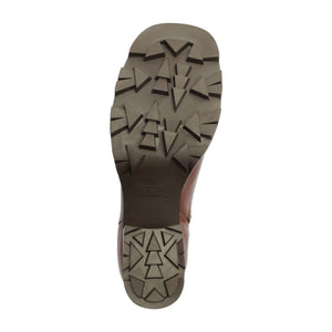 Bottom view of 240 Leather Bootie in Warm Toffee showcasing its textured treaded sole against a white background
