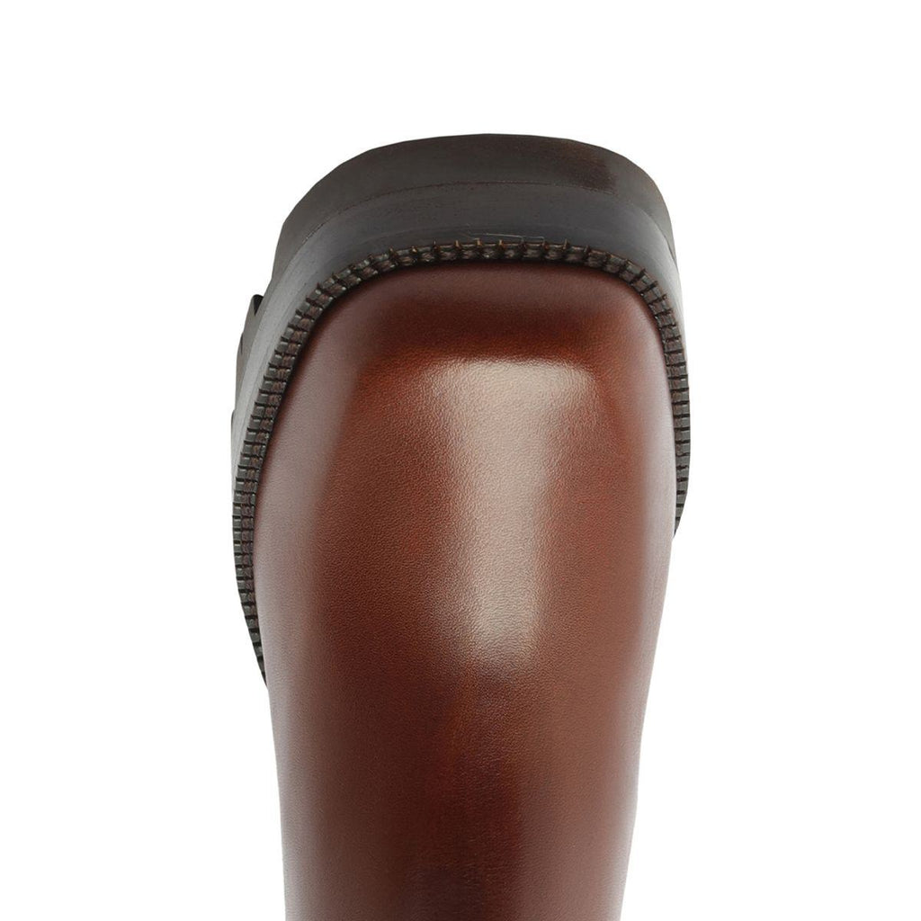 Top view of 240 leather bootie in warm toffee showcasing the smooth leather upper and stitched sole edge against a white background