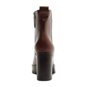 Rear view of 240 leather bootie in warm toffee showcasing the block heel and back zipper on a white background