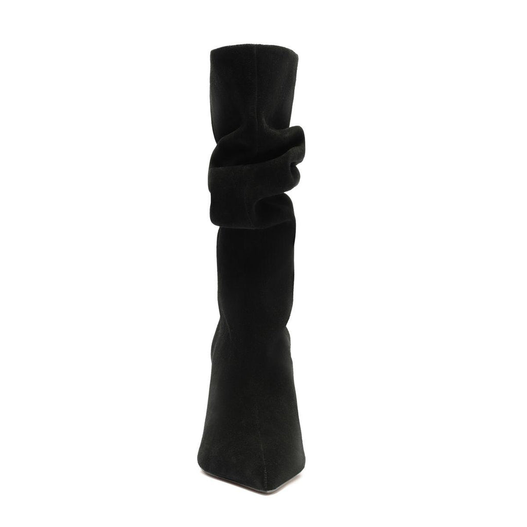 Front view of Harriet suede boot in black showcasing its tall ruched shaft on a white background