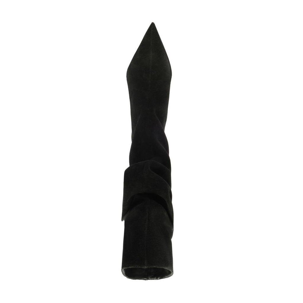 Close-up of Harriet suede boot in black showcasing its pointed shaft and gathered suede detail against a white background