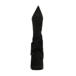 Close-up of Harriet suede boot in black showcasing its pointed shaft and gathered suede detail against a white background