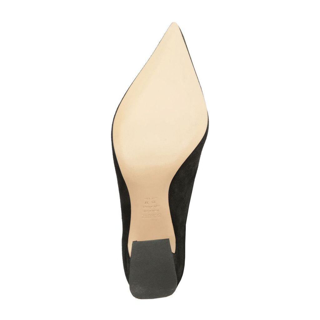 Bottom view of Harriet suede boot in black showcasing the sole against a white background