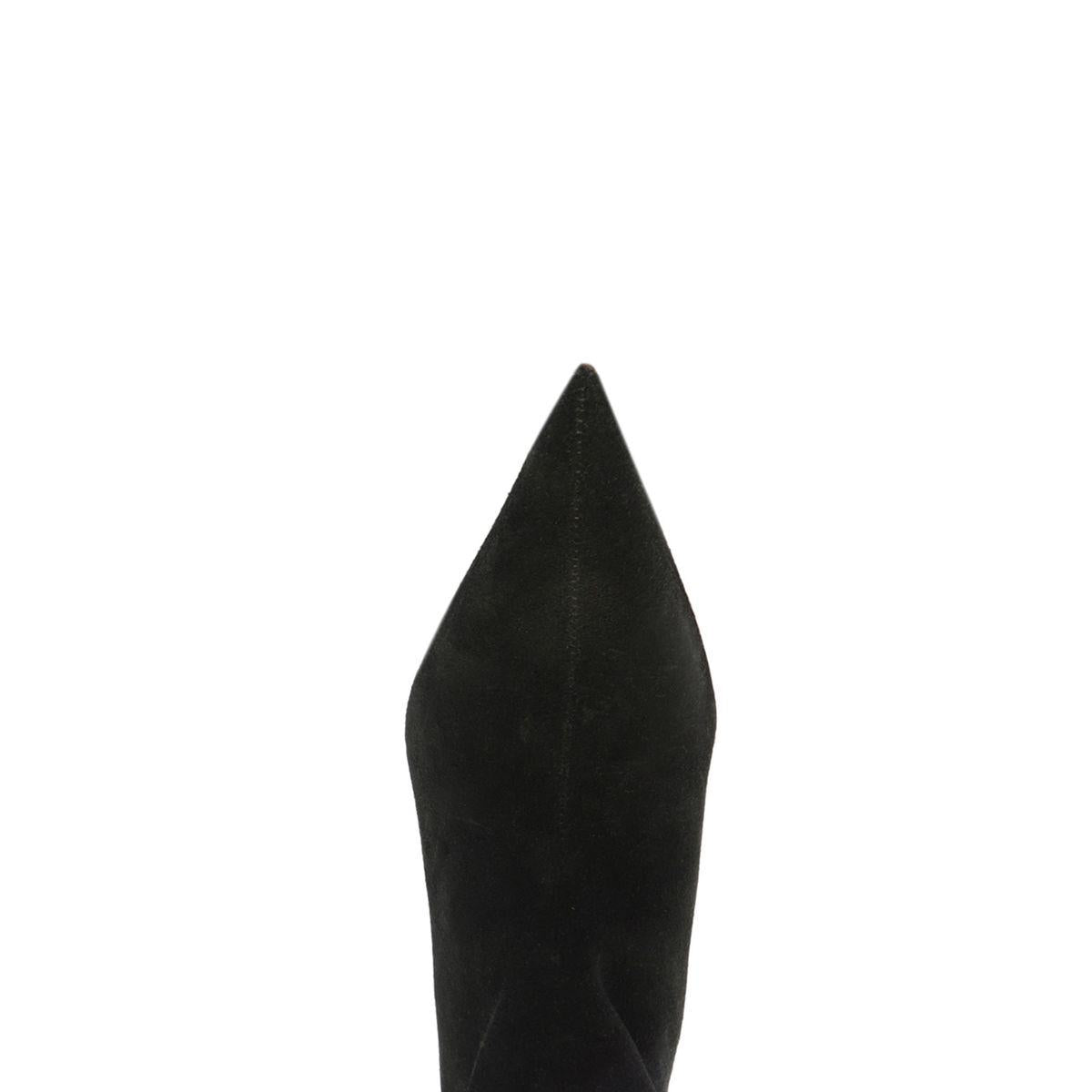 Front close-up of the black Harriet suede boot showcasing its pointed toe against a white background