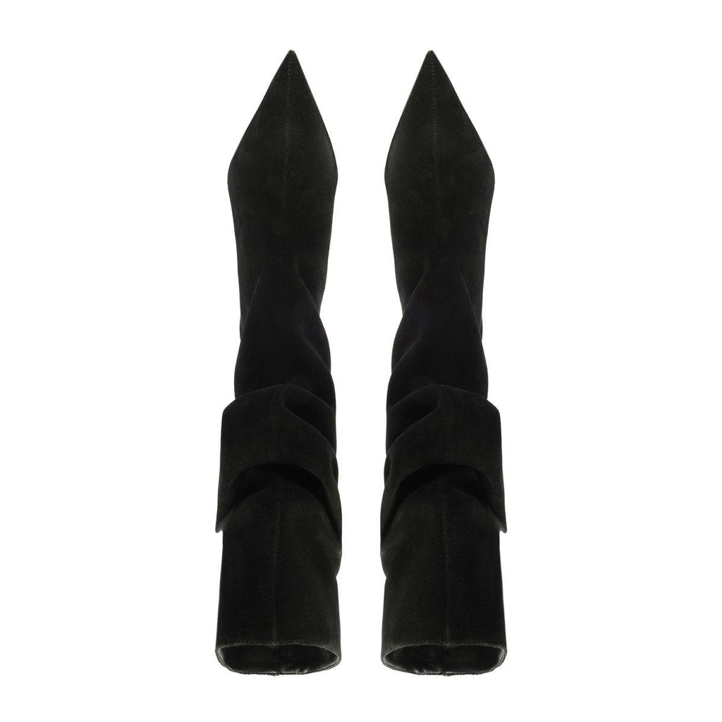 Front view of Harriet black suede boots showcasing pointed toes and slouched shafts against a white background