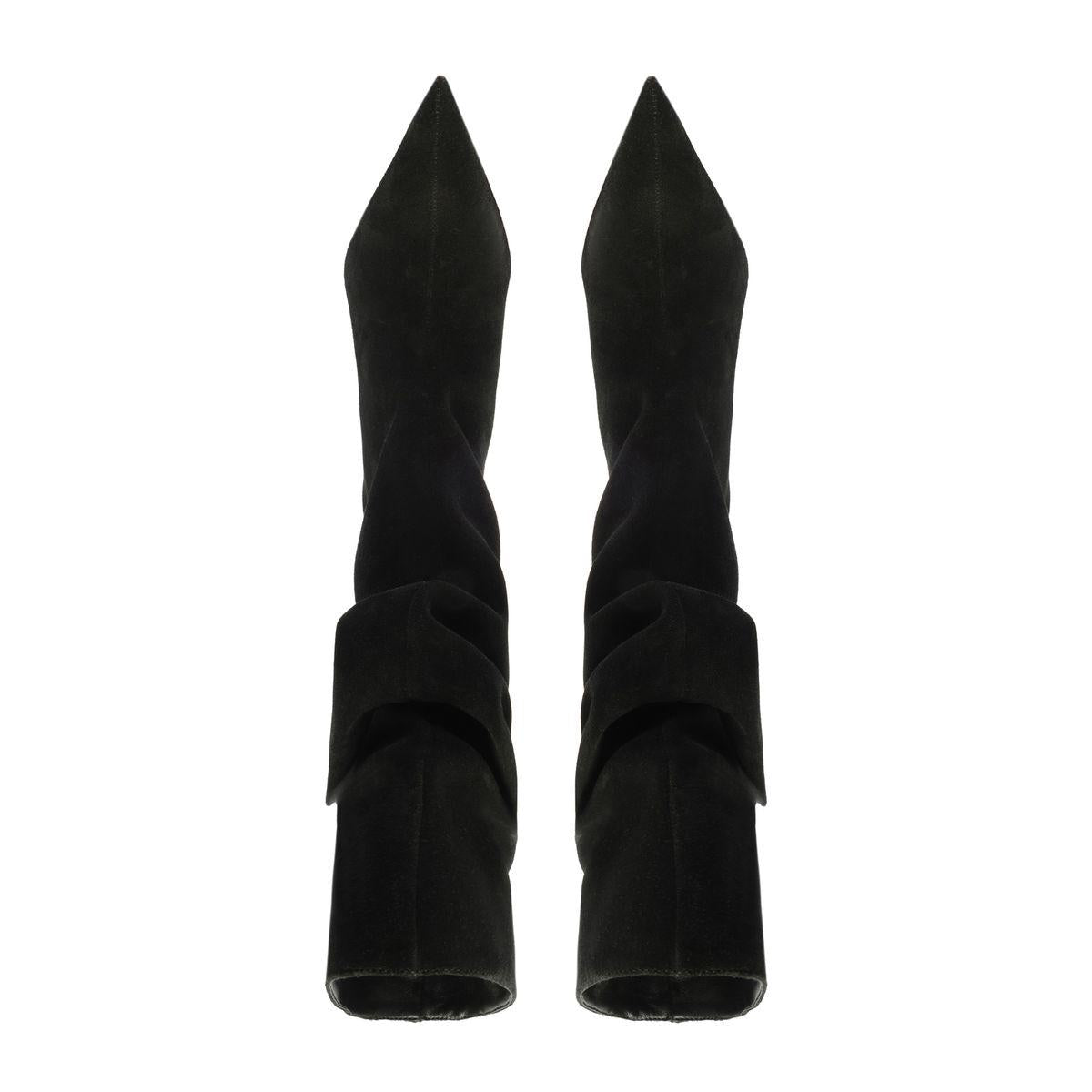 Front view of Harriet black suede boots showcasing pointed toes and slouched shafts against a white background