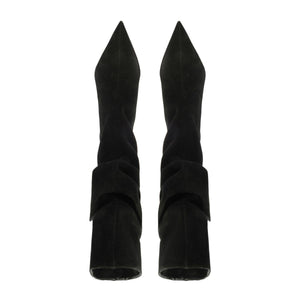 Front view of Harriet black suede boots showcasing pointed toes and slouched shafts against a white background