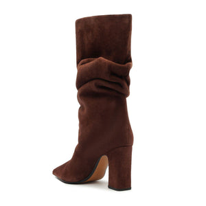 Side view of Harriet suede boot in pecan brown showcasing a ruched shaft and block heel with a white background