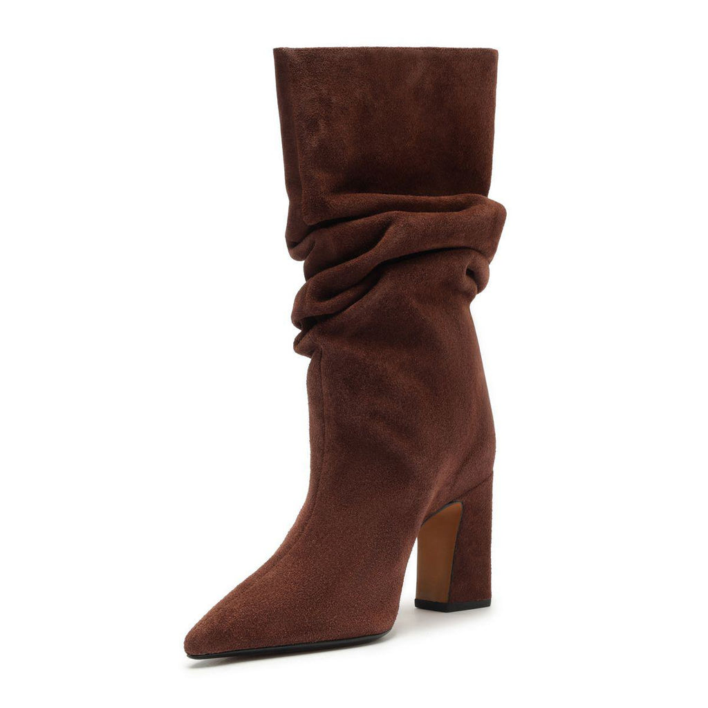 Side view of Harriet suede boot in pecan brown showcasing its slouchy shaft and block heel on a white background