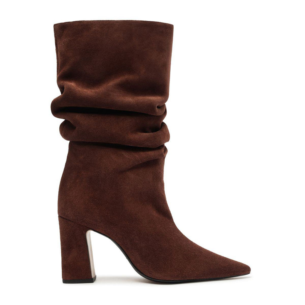 Side view of Harriet suede boot in pecan brown showcasing slouchy shaft, pointed toe, and high block heel on white background