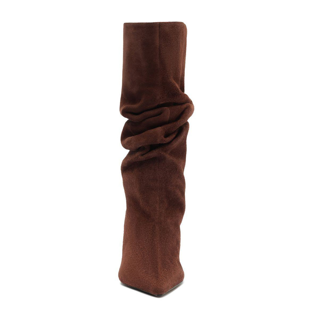 Front view of Harriet Suede Boot in Pecan Brown showcasing tall slouch shaft and pointed toe with white background