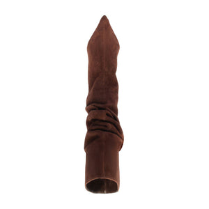 Front view of Harriet suede boot in pecan brown showcasing pointed toe and slouchy shaft with a white background