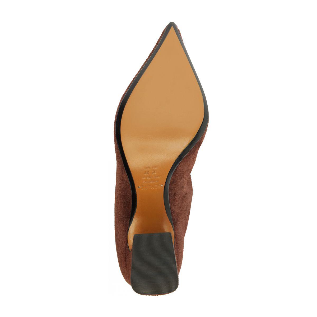 Rear view of Harriet Suede Boot in Pecan Brown showcasing the suede upper and heel on a white background