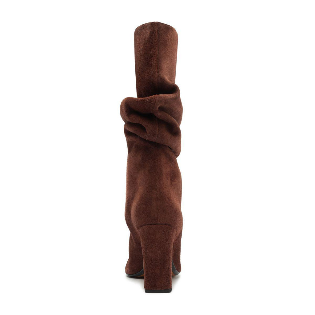 Rear view of Harriet Suede Boot in Pecan Brown showcasing its gathered shaft on a white background