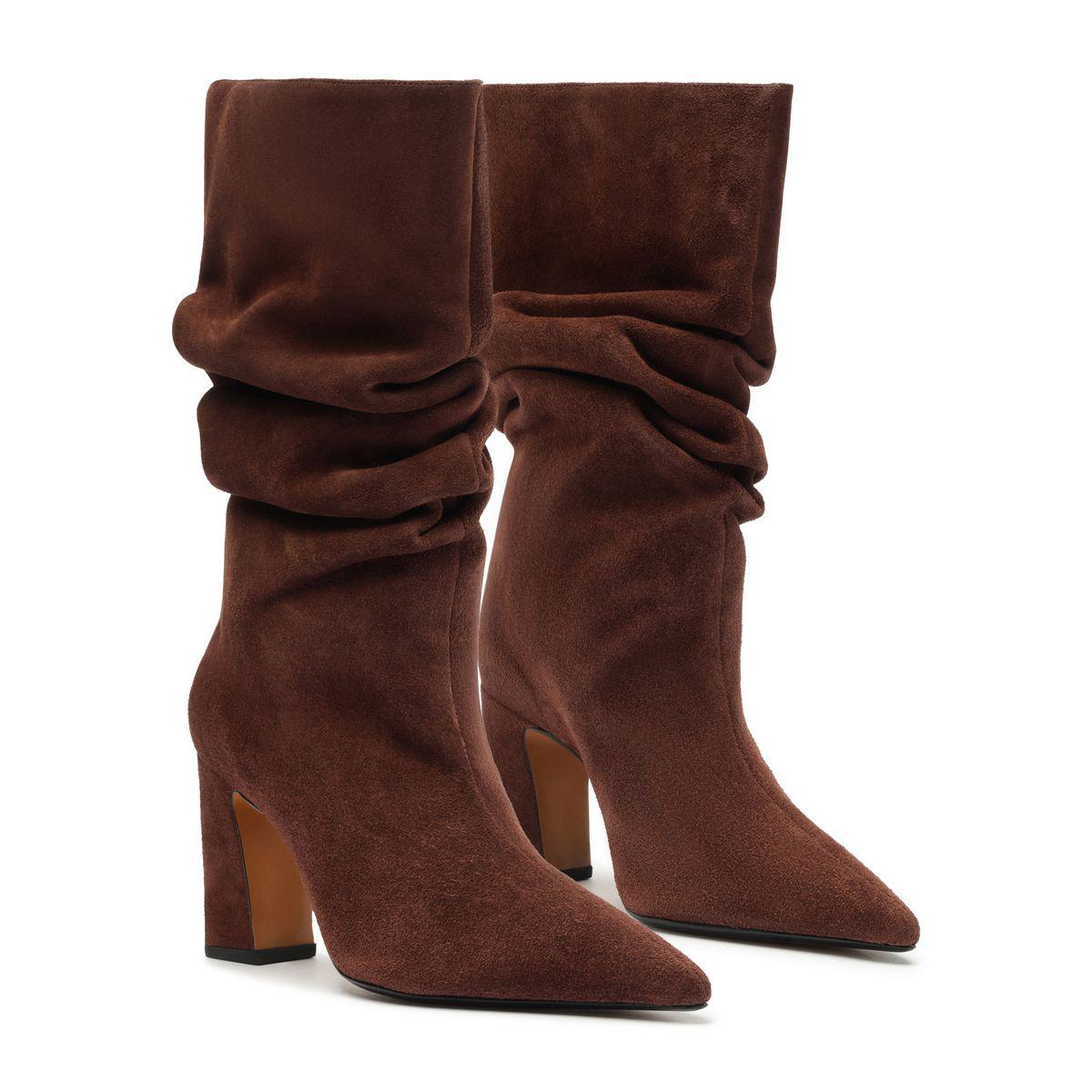Front and side view of Harriet Suede Boot in Pecan Brown showcasing slouch shaft and block heel on white background