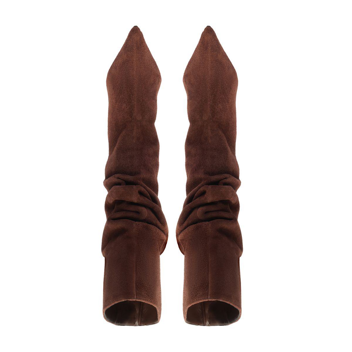 Front view of Harriet suede boots in pecan brown showcasing ruched shafts and open toes on a white background