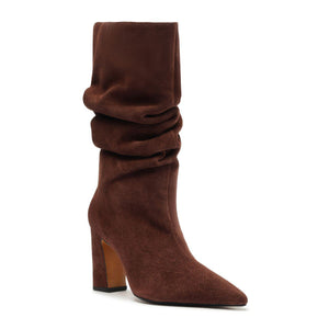 Front view of Harriet Suede Boot in Pecan Brown showcasing its slouchy ruched shaft and block heel with a white background