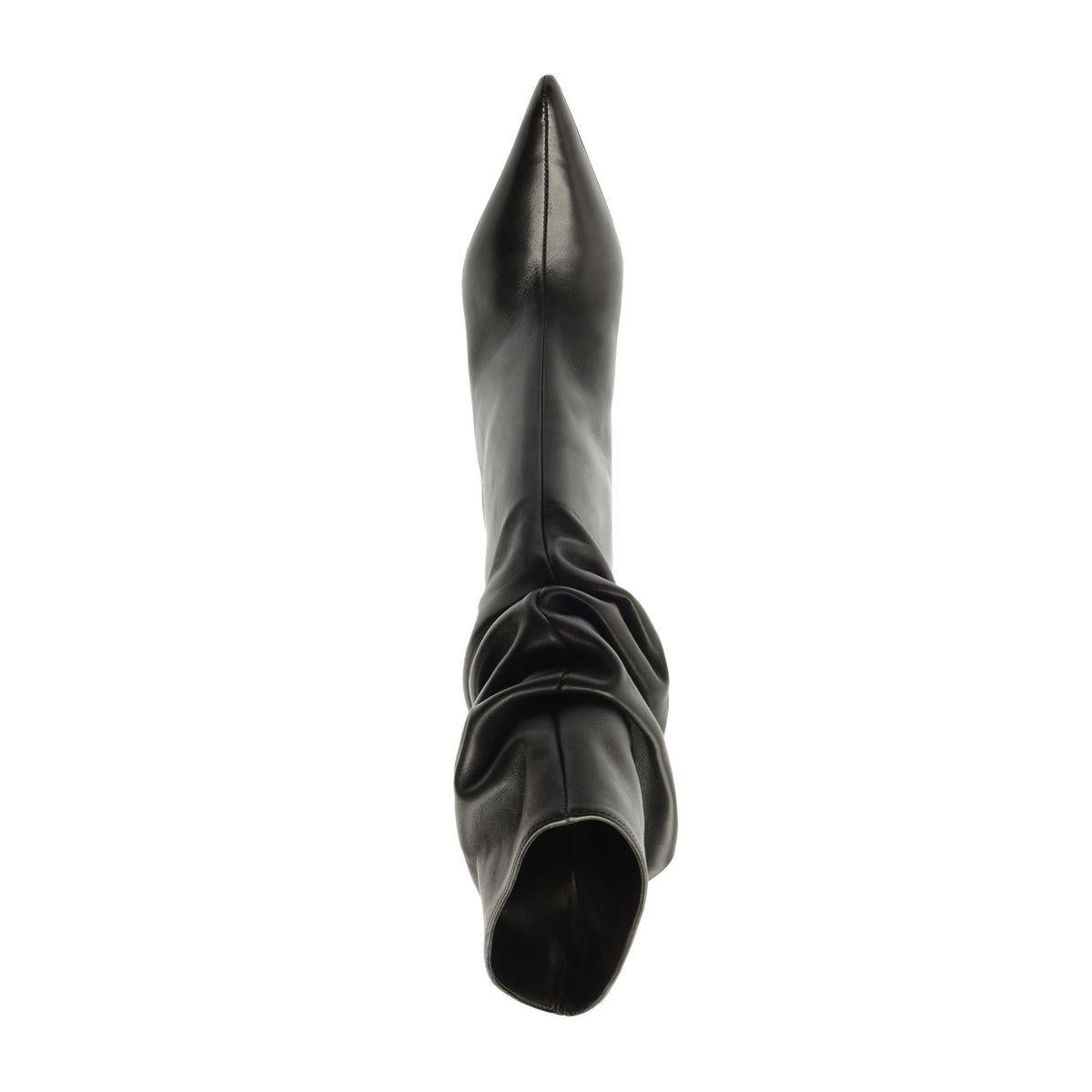 Top view of Harriet leather boot in black showcasing ruched leather shaft and pointed toe against a white background