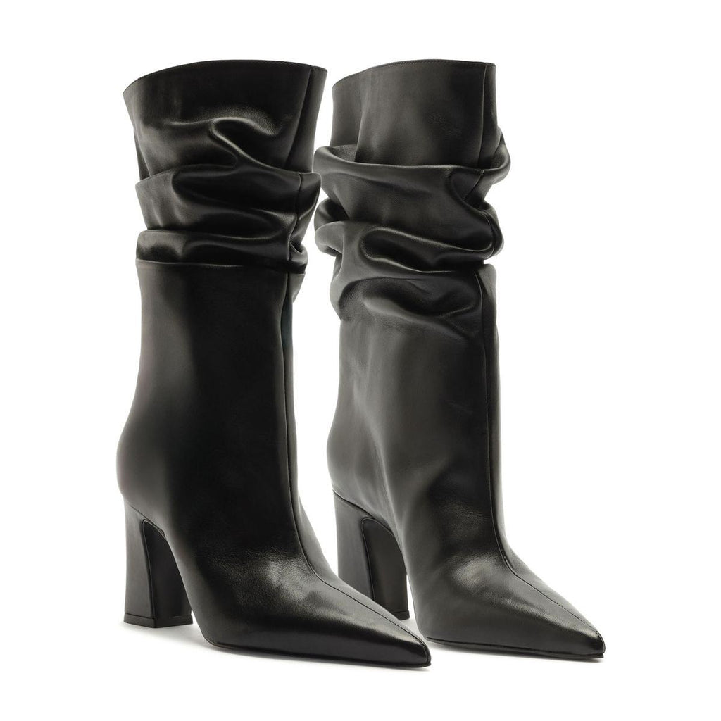Front view of Harriet Leather Boot in Black showcasing ruched shafts and pointed toes on a white background