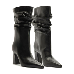 Front view of Harriet Leather Boot in Black showcasing ruched shafts and pointed toes on a white background