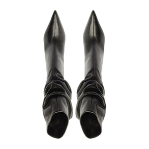 Overhead view of Harriet Leather Boot in black showcasing pointed toes and ruched shafts with a white background