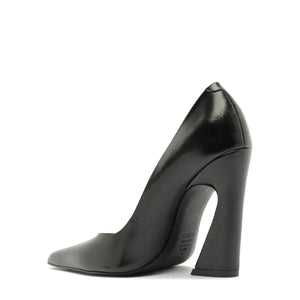 Side view of Lexi Block Pump in Black showcasing its pointed toe and sculptural platform heel with a white background